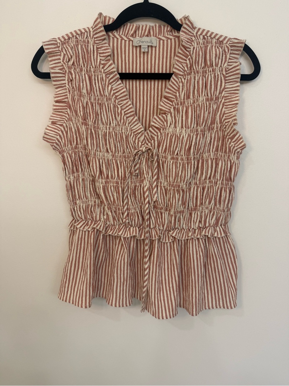 Chenault- Smocked Stripe Peplum Sleeveless Top - Dusty Rose/White